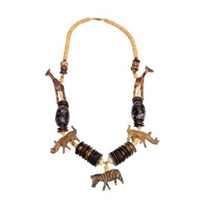 Hand Carved Wood Safari Animal African Necklace Zebra Rhino Giraffe Abalone Bead